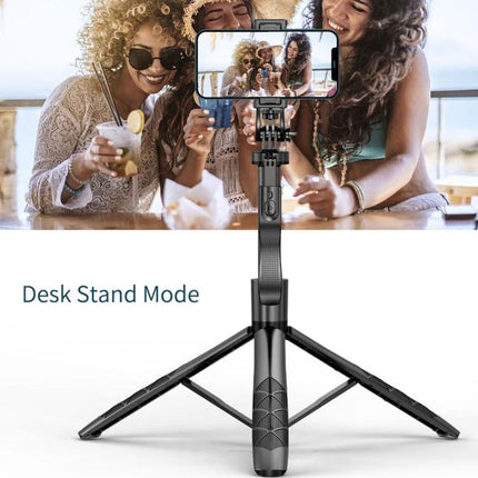 Foldable Selfie Stick Tripod for Everyday Travel Photos showing three friends using tripod desk stand for a group selfie