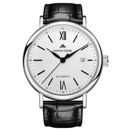 North Edge Business Men's Waterproof Leather Watch with white dial, automatic movement and black cowhide strap, 316L stainless steel case, 50m water resistance