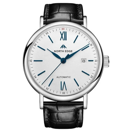 North Edge Business Men's Waterproof Leather Watch — silver 316L case, automatic dial with date and black cowhide strap