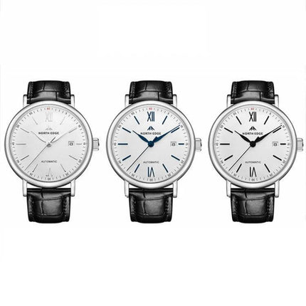North Edge Business Men's Waterproof Leather Watch three variations with white dials, stainless steel case and black cowhide straps