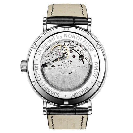 North Edge Business Men's Waterproof Leather Watch back view showing automatic mechanical movement, stainless steel case and cowhide strap
