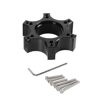 Thrustmaster Adapter Enhances Home Racing Simulator Experiences – black hub adapter with screws and hex key for T300RS setup