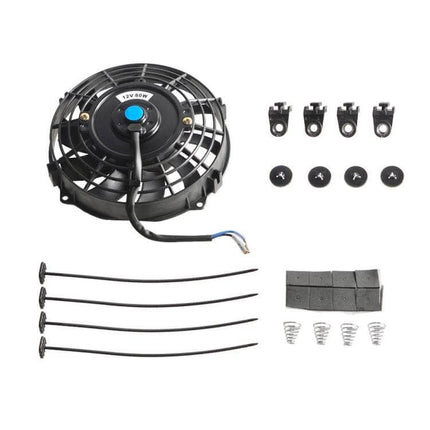 Car Transmission Oil Cooling Fan With Mounting Kit shown with round electric fan, mounting clips, zip ties, rubber pads and springs for easy installation