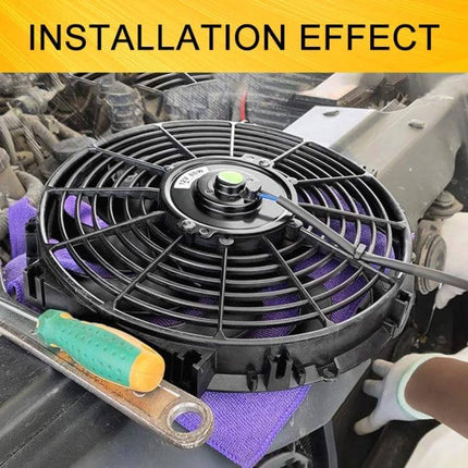 Car Transmission Oil Cooling Fan With Mounting Kit installed on radiator showing mounting position and wiring for improved transmission cooling