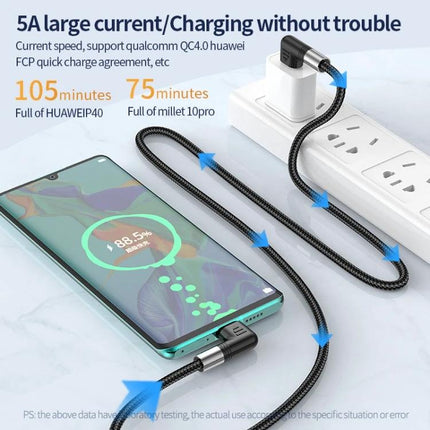 Elbow USB-C Cable for Everyday Device Charging and Syncing braided 90-degree cable charging phone while gaming or working at desk