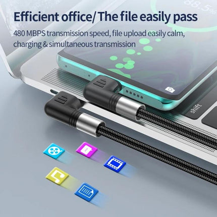 Elbow USB-C Cable for Everyday Device Charging and Syncing - 90-degree braided cable charging and syncing phone at laptop