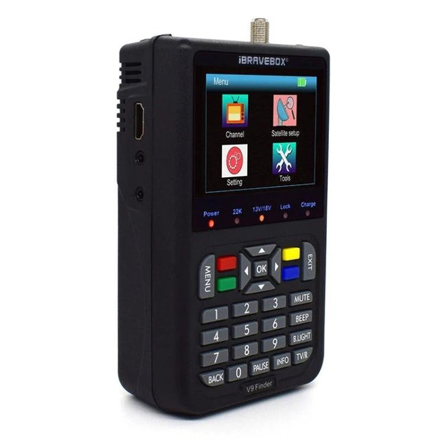 iBRAVEBOX V9 Digital Satellite Signal Finder with Multi-Region Plugs handheld unit showing color screen and keypad for satellite alignment