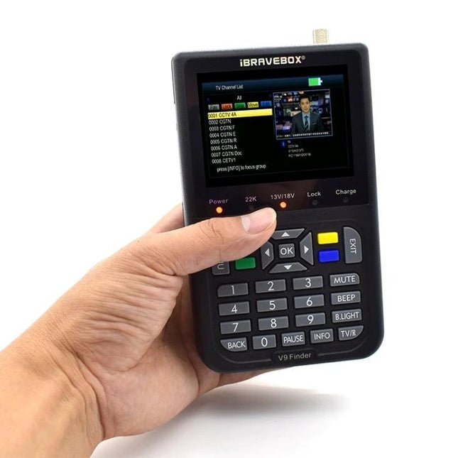 iBRAVEBOX V9 Digital Satellite Signal Finder with Multi-Region Plugs handheld unit showing screen and keypad for satellite alignment