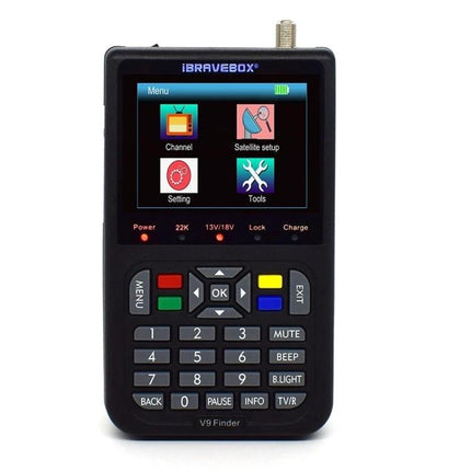 iBRAVEBOX V9 Digital Satellite Signal Finder with Multi-Region Plugs handheld screen and keypad showing menu for satellite setup