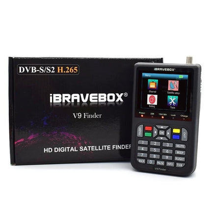 iBRAVEBOX V9 Digital Satellite Signal Finder with Multi-Region Plugs handheld unit beside retail box, showing color screen and keypad