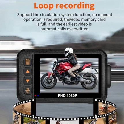 SE60 Waterproof Motorcycle DVR for Ride and Parking Monitoring showing loop recording feature with rider and FHD 1080P display