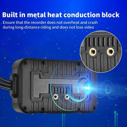 SE60 Waterproof Motorcycle DVR for Ride and Parking Monitoring showing metal heat conduction block and rear housing with dual lens ports