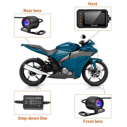 SE60 Waterproof Motorcycle DVR for Ride and Parking Monitoring mounted on sportbike showing front lens, rear lens, host screen and step-down line