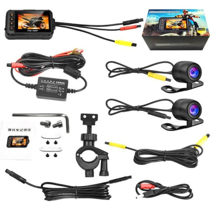 SE60 Waterproof Motorcycle DVR for Ride and Parking Monitoring dual-lens kit with 720P front 480P rear, waterproof cameras, wiring and mount