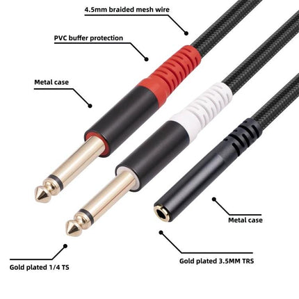 Essential Audio Adapter for Home and Travel Music Connections - braided 3.5mm to 6.35mm gold plated cable with metal case and PVC protection