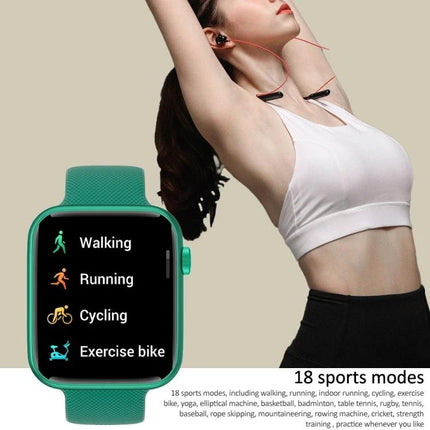 HT15 Smart Watch for Everyday Health and Activity Tracking - green smartwatch showing walking, running, cycling and exercise bike modes with woman stretching