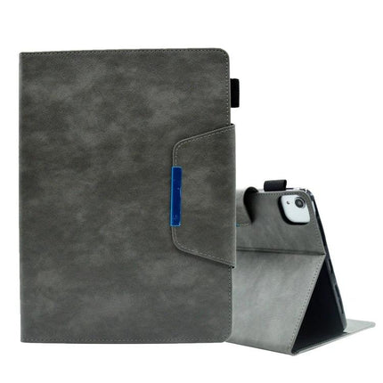 Suede Texture Leather Case with Magnetic Clasp for iPad 10th Gen in gray showing textured exterior, magnetic clasp and hands-free horizontal stand
