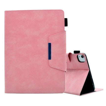 Suede Texture Leather Case with Magnetic Clasp for iPad 10th Gen in pink showing textured exterior, magnetic clasp and hands-free horizontal stand