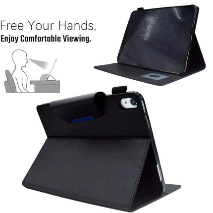 Leather Protective Case for Tablets with Magnetic Clasp and Stand showing black folio stand, card slot and hands-free viewing