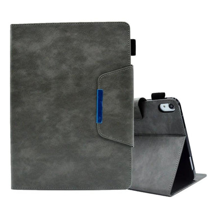 Leather Protective Case for Tablets with Magnetic Clasp and Stand in gray leather with card slots and folding hands-free stand