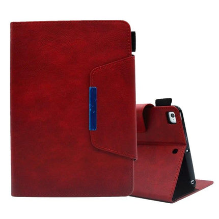 Leather Protective Case for Tablets with Magnetic Clasp and Stand in red leather with built-in stand and card slots, shown open and closed
