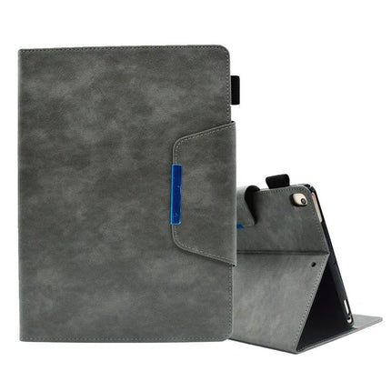 Leather Protective Case for Tablets with Magnetic Clasp and Stand in gray leather with built-in stand, magnetic clasp and card slots for travel