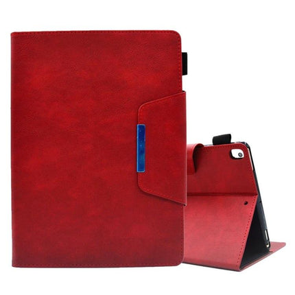 Leather Protective Case for Tablets with Magnetic Clasp and Stand in red with built-in stand and card slots, shown closed and propped for hands-free use