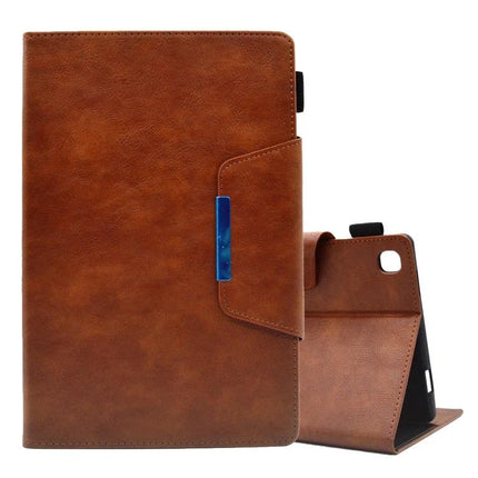 Magnetic Clasp Suede Leather Case for Samsung Galaxy Tab A8 10.5 in brown with card slots, stand and secure magnetic clasp for travel and meetings