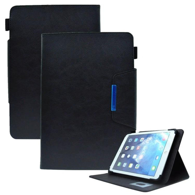 Leather Tablet Case with Magnetic Clasp for 7 to 10 Inch Devices - black PU leather folio with card slots, stand and magnetic clasp