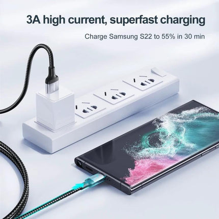 JOYROOM USB-C Charging Cable for Everyday Device Connections showing 3A fast charging a smartphone from a power strip