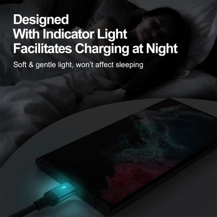 JOYROOM USB-C Charging Cable for Everyday Device Connections showing soft indicator light charging phone at night, 3A fast charge, durable everyday use