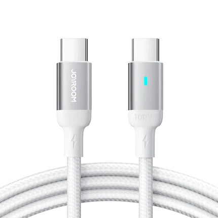 Joyroom USB-C Cable for Daily Device Charging at Home and Travel – white braided USB-C to USB-C cable with metal connectors and LED indicator