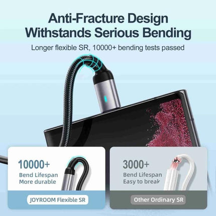 Joyroom USB-C Cable for Daily Device Charging at Home and Travel anti-fracture braided USB-C cable showing reinforced bend and 10000+ bend lifespan
