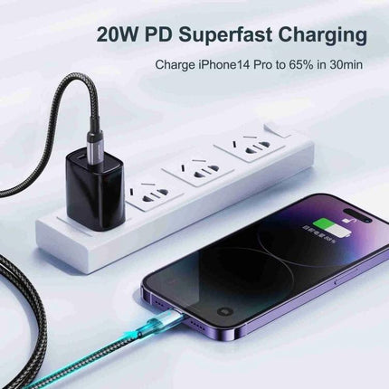 Joyroom Cable for Daily Device Charging and Data Transfer connected to iPhone charging at 20W PD for fast charging and data sync