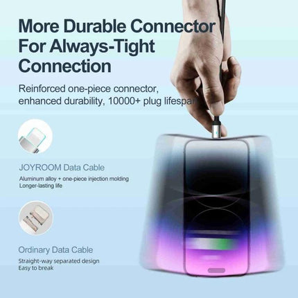 Joyroom Cable for Daily Device Charging and Data Transfer showing reinforced Type-C to 8 Pin connector plugged into a phone for fast 20W charging