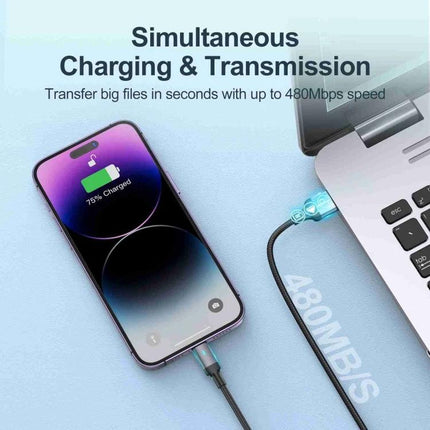 Joyroom Cable for Daily Device Charging and Data Transfer connected to phone and laptop showing 75% charge and 480Mbps data transfer