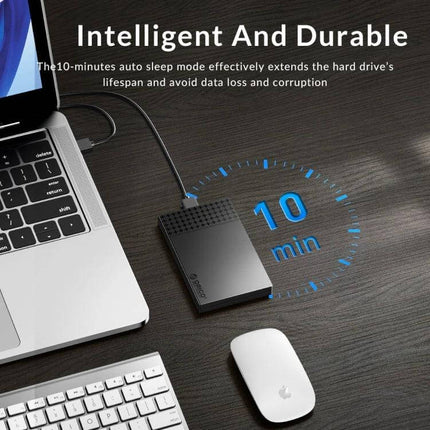 ORICO 2.5-Inch Hard Drive Enclosure for Everyday Storage showing compact black enclosure connected to laptop with 10-minute auto sleep feature