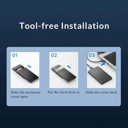 ORICO 2.5-Inch Hard Drive Enclosure for Everyday Storage tool-free installation steps showing slide-open, insert 2.5-inch SATA drive, and close