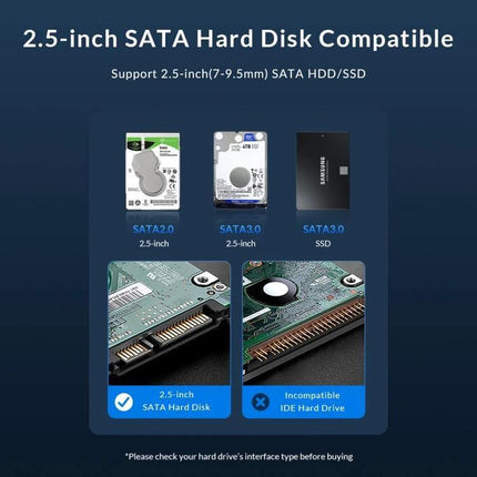 ORICO 2.5-Inch Hard Drive Enclosure for Everyday Storage showing compatible 2.5-inch SATA HDDs and SSDs, supports up to 6TB, easy external connectivity
