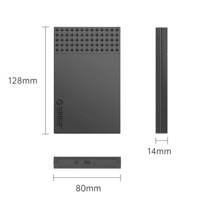 ORICO 2.5-Inch Hard Drive Enclosure for Everyday Storage slim black 128x80x14mm dimensions front side and port view