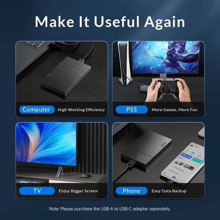 ORICO 2.5-Inch Hard Drive Enclosure for Everyday Storage shown connected to laptop, PS5, TV and phone for easy external storage