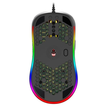 HXSJ Wired Gaming Mouse with RGB Backlighting for PC Use showing underside honeycomb shell, RGB edge lighting, USB wired cable and optical sensor
