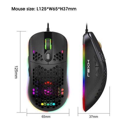 HXSJ Wired Gaming Mouse with RGB Backlighting for PC Use — black USB mouse with honeycomb shell, RGB lighting, adjustable DPI, 125x65x37mm