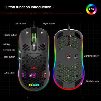 HXSJ Wired Gaming Mouse with RGB Backlighting for PC Use showing buttons, DPI key, honeycomb shell and RGB light strips