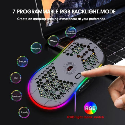 HXSJ Wired Gaming Mouse with RGB Backlighting for PC Use showing honeycomb shell, USB cable, RGB lighting modes and fingertip using RGB light mode switch