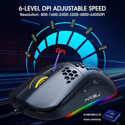 HXSJ Wired Gaming Mouse with RGB Backlighting for PC Use showing honeycomb shell, RGB lighting and 6-level DPI up to 6400