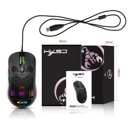 HXSJ Wired Gaming Mouse with RGB Backlighting for PC Use - black honeycomb shell, USB wired, RGB lighting and packaging