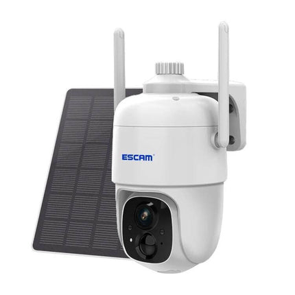 ESCAM G24 Solar-Powered Outdoor Night Vision Security Camera mounted with solar panel for remote outdoor surveillance