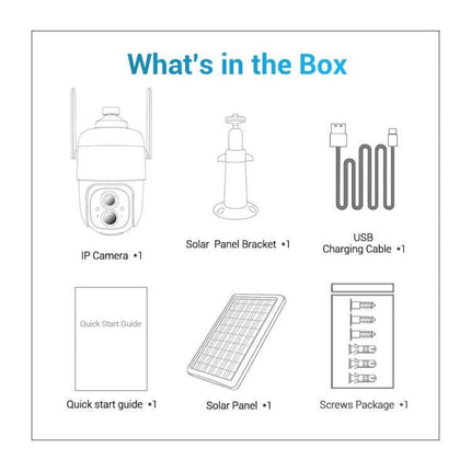 Box contents diagram for ESCAM G24 Solar-Powered Outdoor Night Vision Security Camera showing IP camera, solar panel, bracket, USB cable, screws and guide