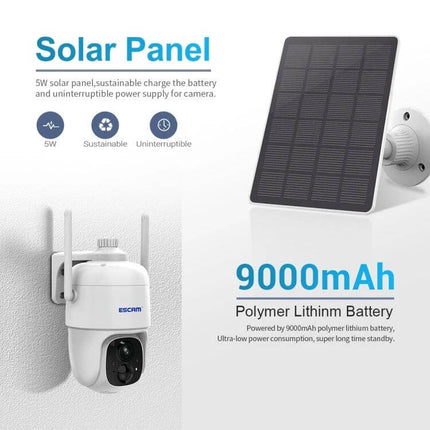 ESCAM G24 Solar-Powered Outdoor Night Vision Security Camera with solar panel and 9000mAh battery mounted on wall